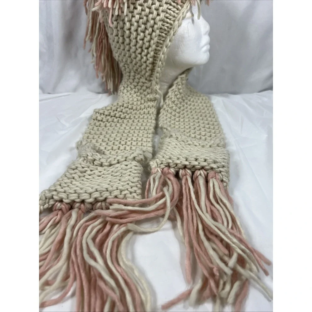 Girl's Crochet Hooded Scarf with‎ Ears/Mane/ Pink/Cream with Pockets